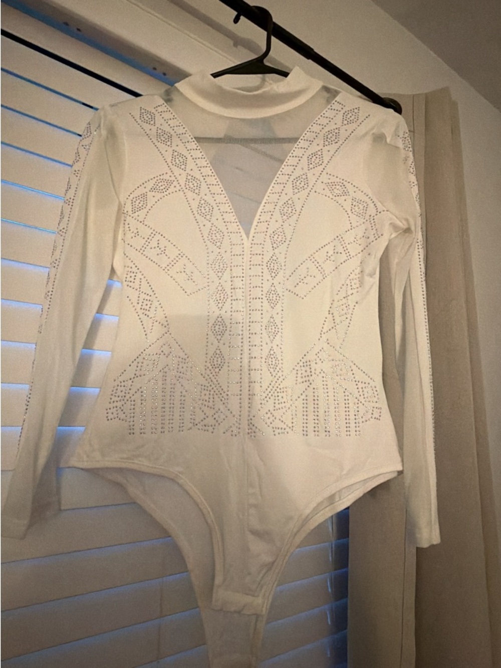 White Long-Sleeve Rhinestone Bodysuit - Women Tops